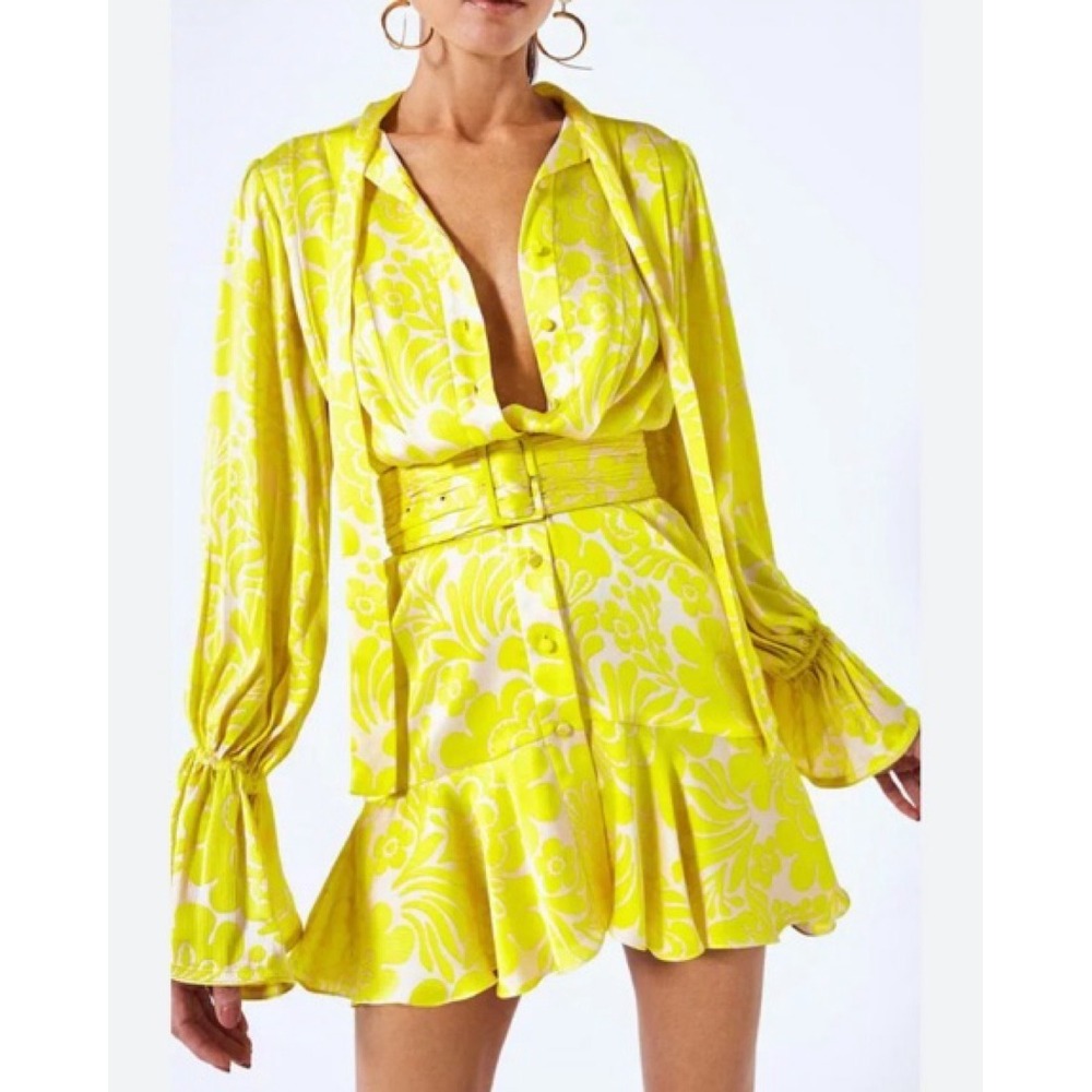 Alexis Neela Yellow Floral Tie Neck Poet Sleeve Ruffle Mini Dress Small S